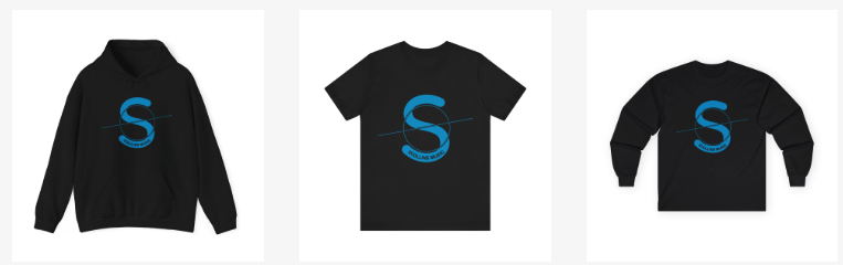 Scollins Music merch — hoodie, tee and long sleeve in black